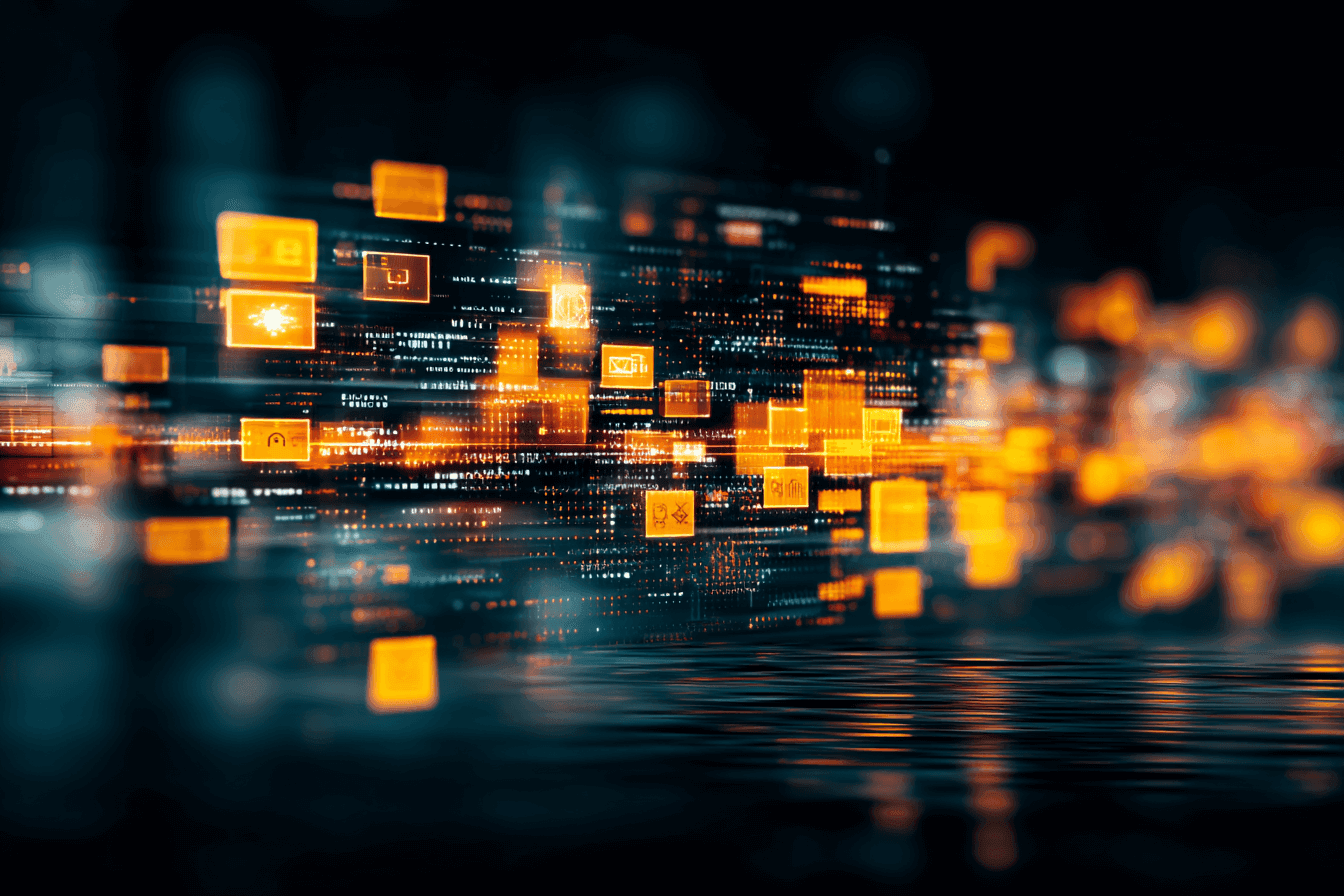 Floating geometric panels representing code blocks